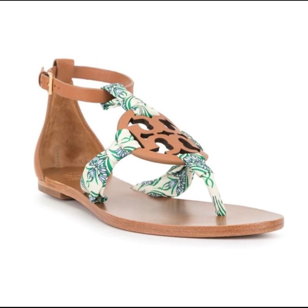 Tory burch leather logo blue Meridian floral fabric miller scarf ankle sandals - Picture 11 of 11